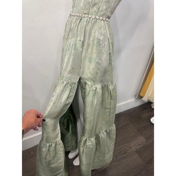 V. Chapman The Vivian Pearl Studded Slit Maxi Dress Sage Windsor Brocade Size 0 - Picture 9 of 9